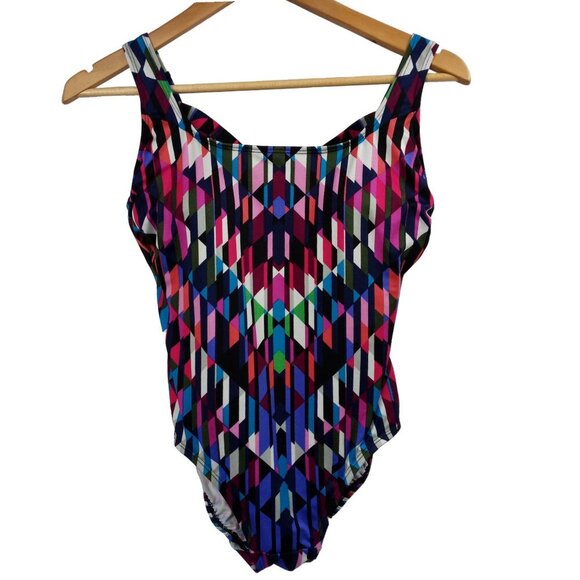 Longitude Geometric One Piece Slimming Lined Swimsuit Size 8 Shelf Bra Black - Picture 1 of 11